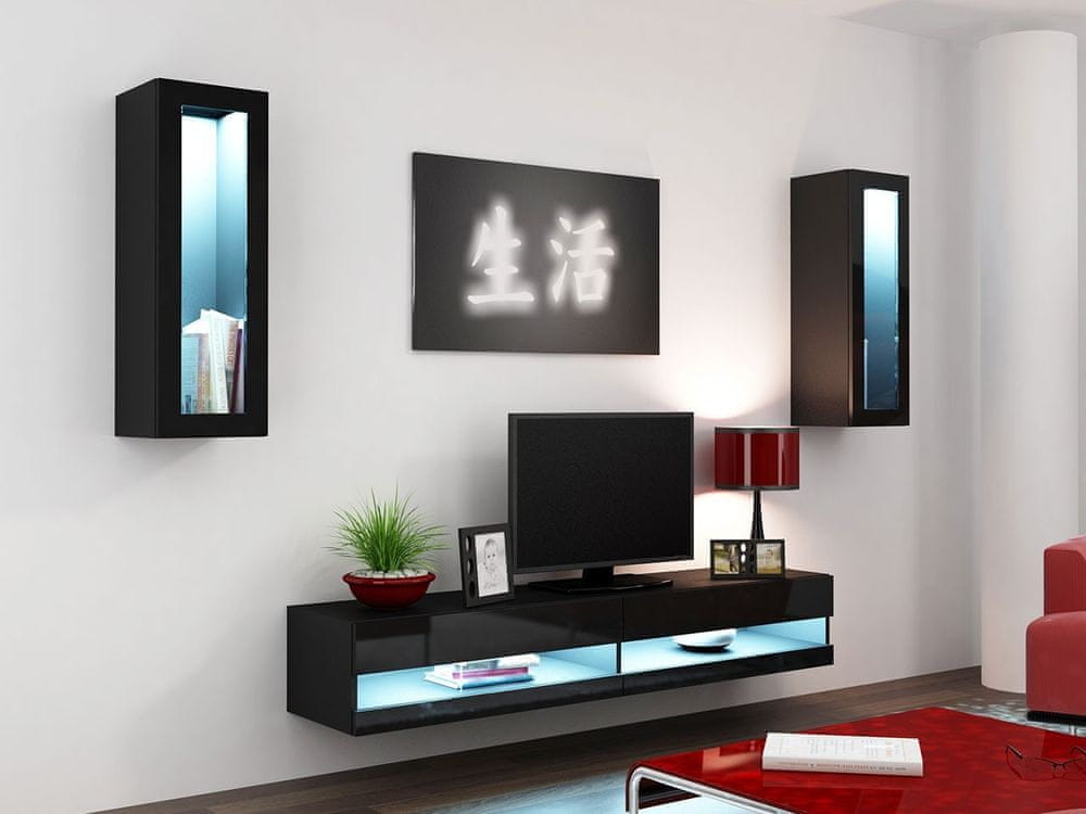 Veneti Stena do obývacej izby s LED bielym osvetlením ASHTON N11 - čierna / lesklá čierna